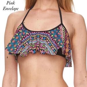 Pink Envelope Vibrant Flounce Halter Tie Neck Swim Bikini Top NWT Size S